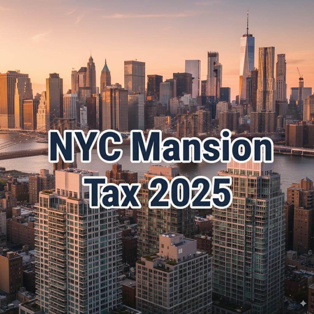 NYC luxury real estate skyline with Manhattan skyscrapers and Brooklyn Bridge representing nyc mansion tax affected properties.