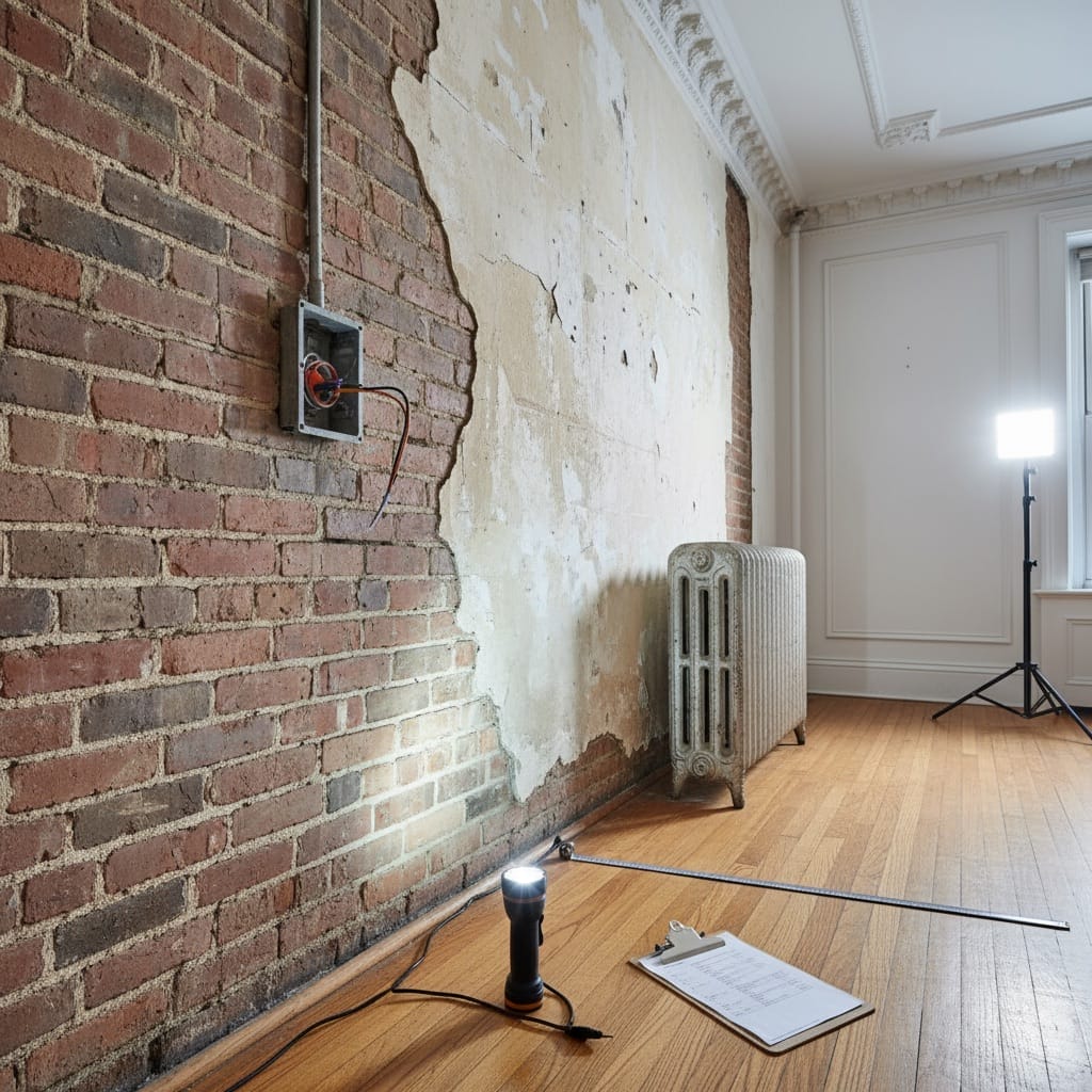 Professional home inspector examining exposed brick wall and old electrical systems in classic NYC pre-war apartment interior.