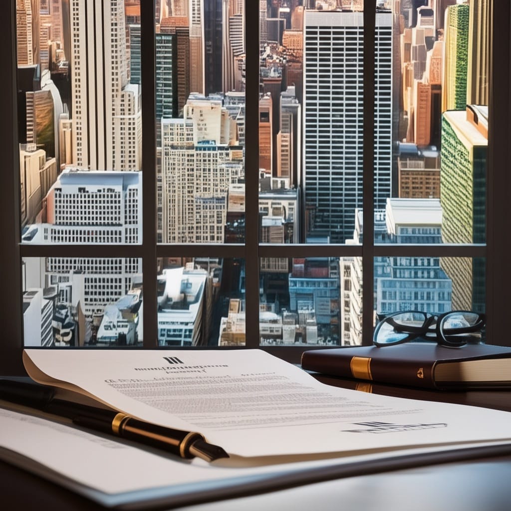 NYC Manhattan skyline with luxury residential buildings and legal contract documents in foreground representing real estate contingency protection.