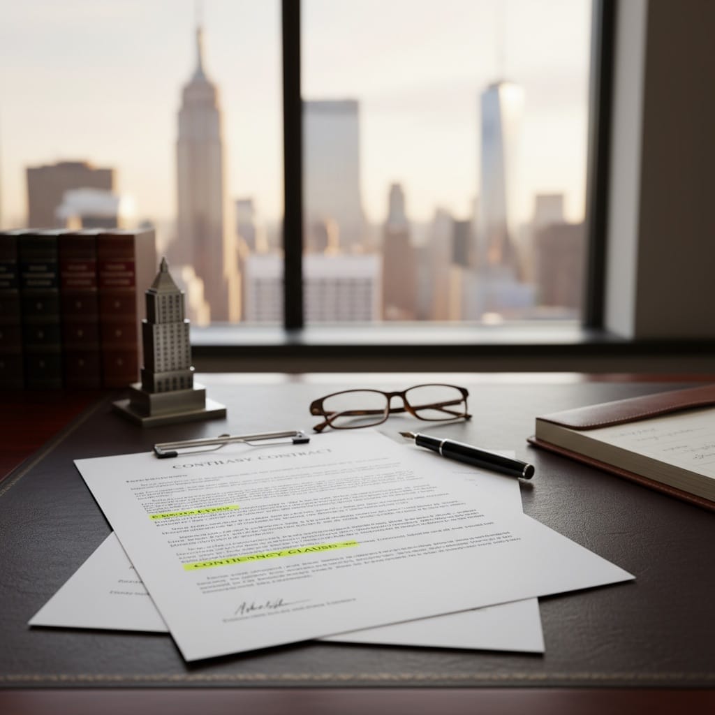 Professional document with contingency clauses in NYC Real Estate Contracts on desk with NYC skyline background showing contingency clause sections highlighted.