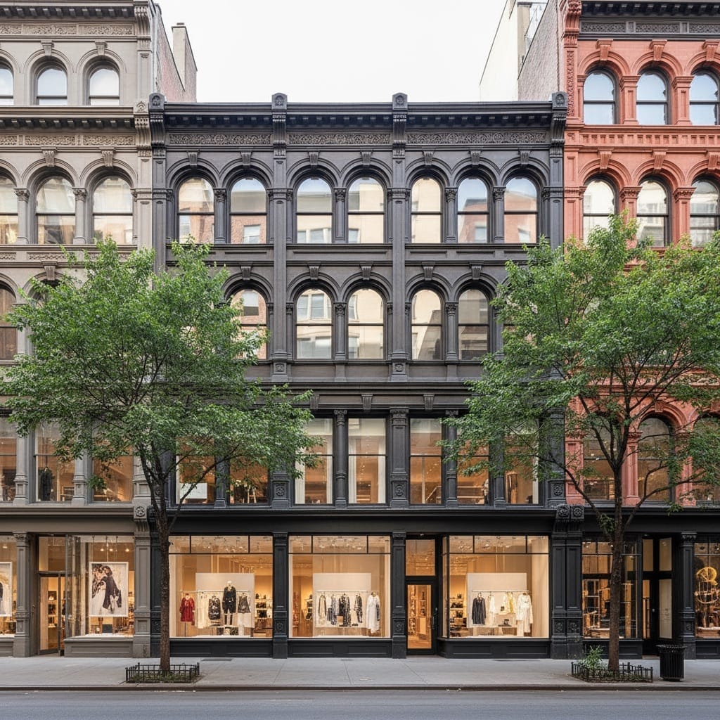SoHo cast iron architecture luxury shopping district Manhattan.