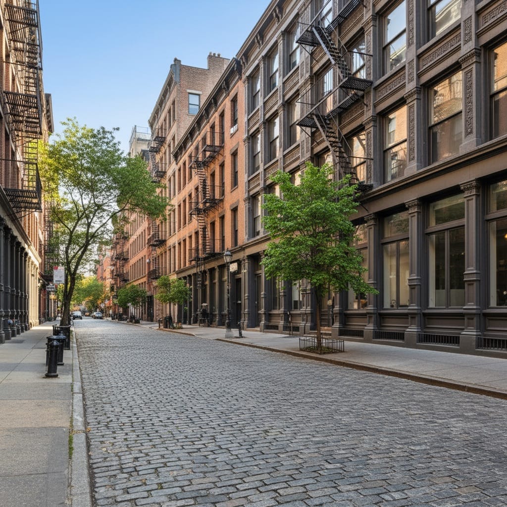 TriBeCa cobblestone streets cast iron buildings luxury lofts.