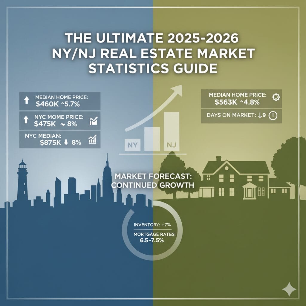 A bar chart showing the 2025 median home price statistics for NY vs NJ.