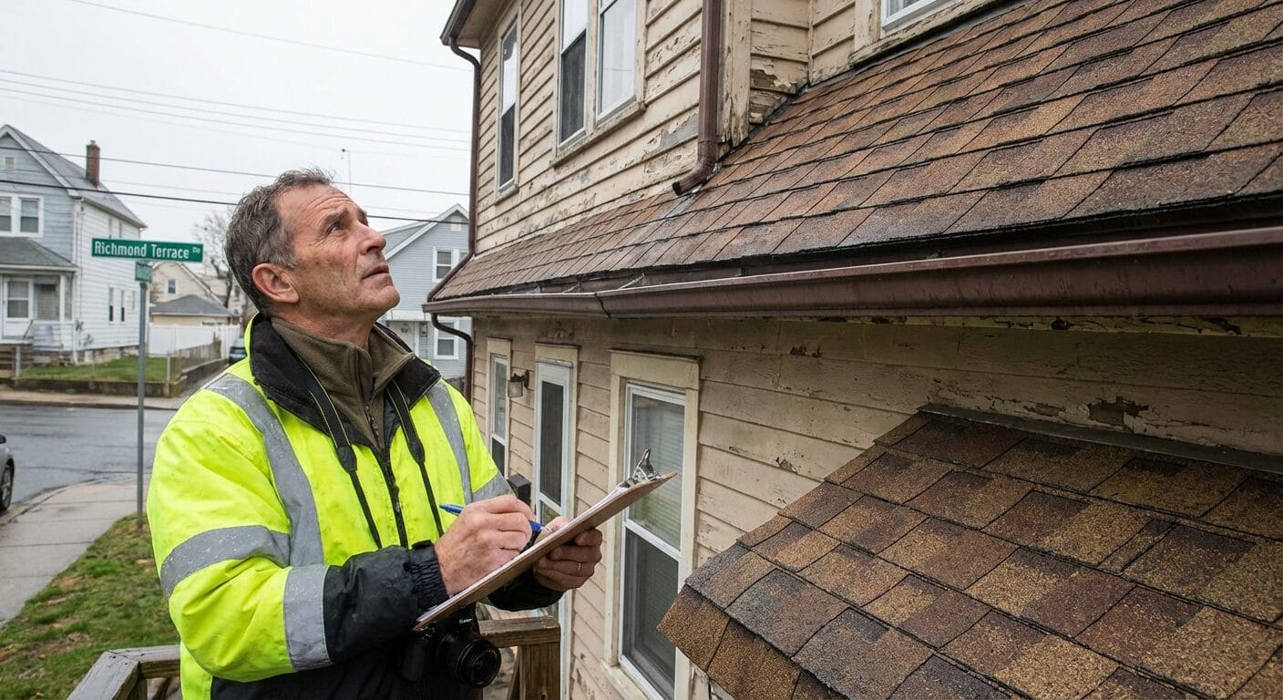 Professional home inspector with clipboard reviewing Staten Island property exterior during comprehensive inspection.