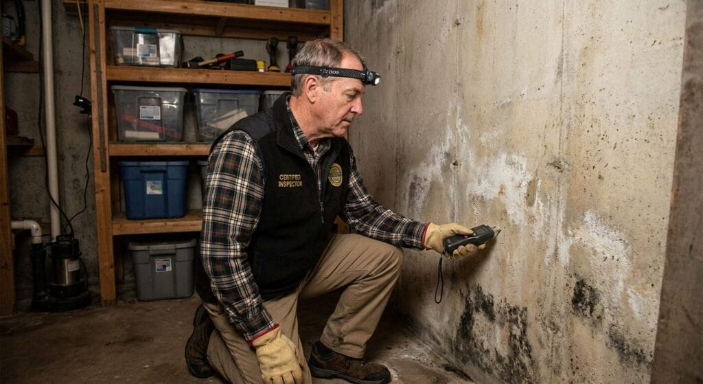 Home inspector checking basement for Hurricane Sandy legacy water damage and mold