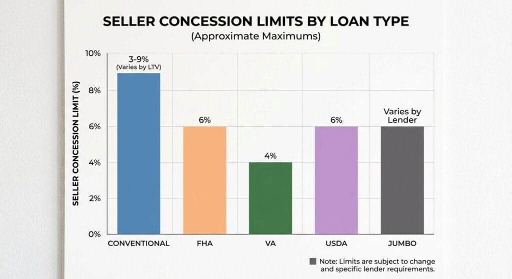 Bar chart comparing seller concession limits by loan type conventional FHA VA USDA jumbo.