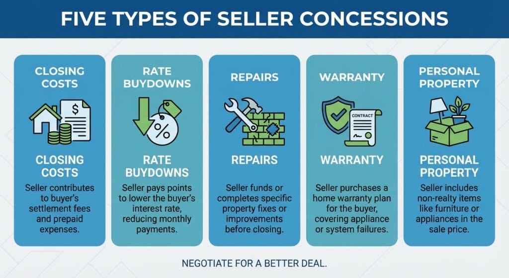Infographic showing five types of seller concessions with icons for closing costs rate buydowns repairs warranty.