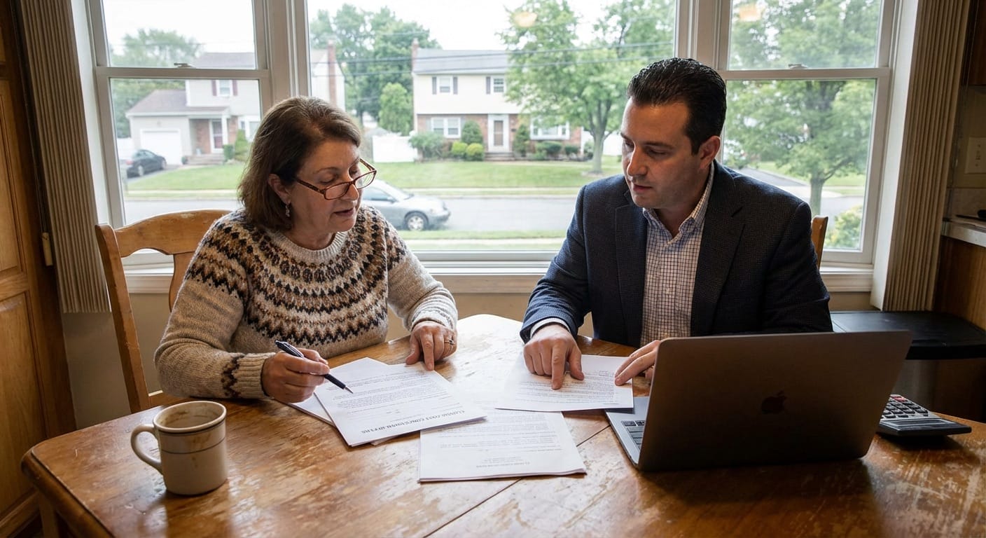 Staten Island home seller reviewing closing cost concession offers with real estate agent at kitchen table.