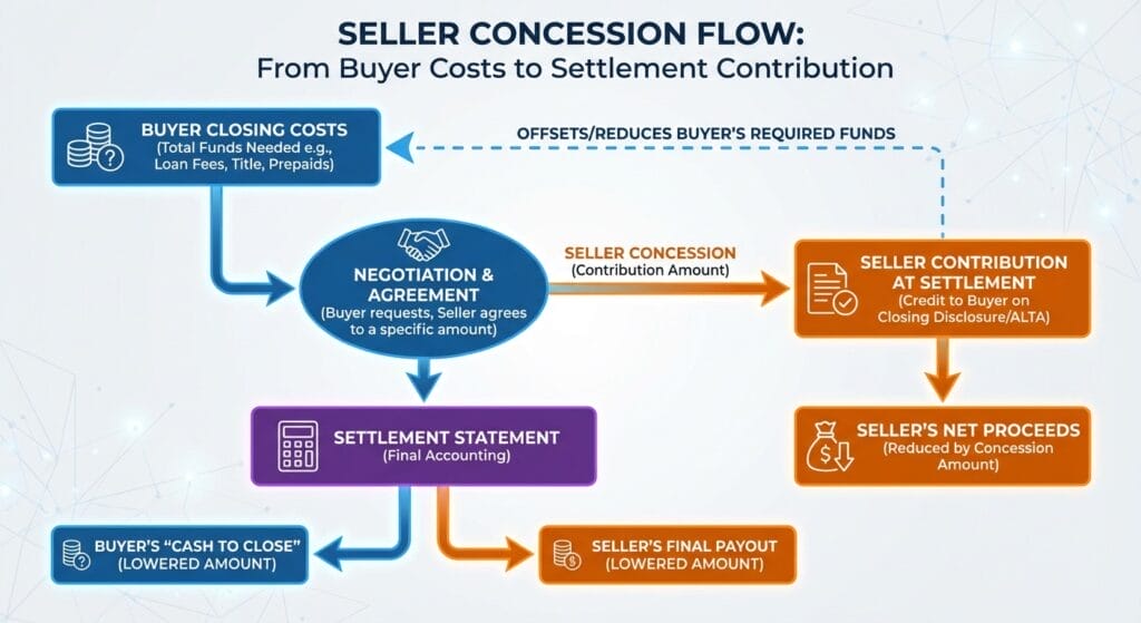 Diagram showing seller concessions flow from buyer closing costs to seller contribution at settlement.