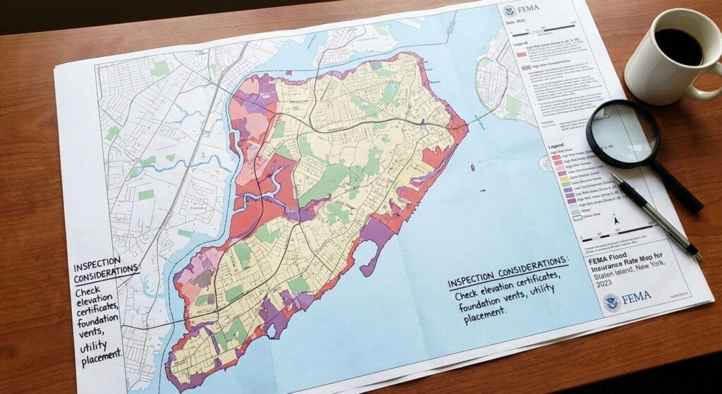 FEMA flood zone map showing Staten Island high-risk areas and inspection considerations