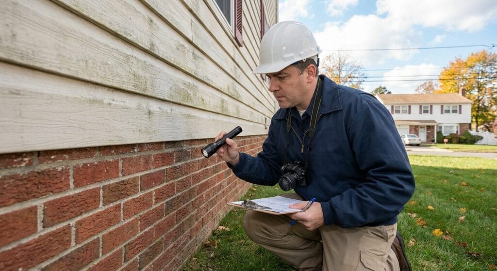 Professional home inspector examining Staten Island home exterior foundation and siding using home inspection checklist.