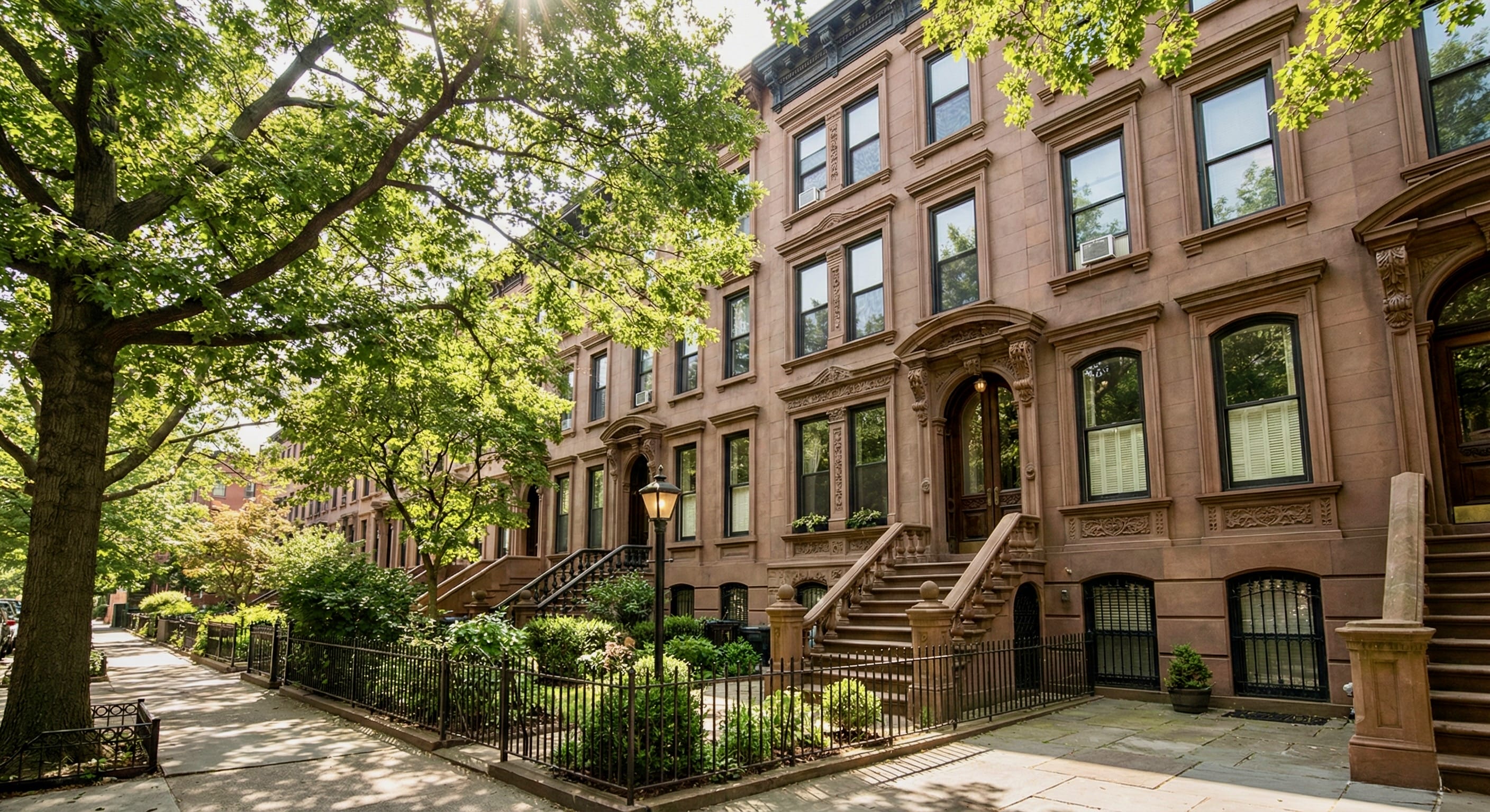 Brownstone townhouse on tree-lined Park Slope street in Brooklyn luxury market.