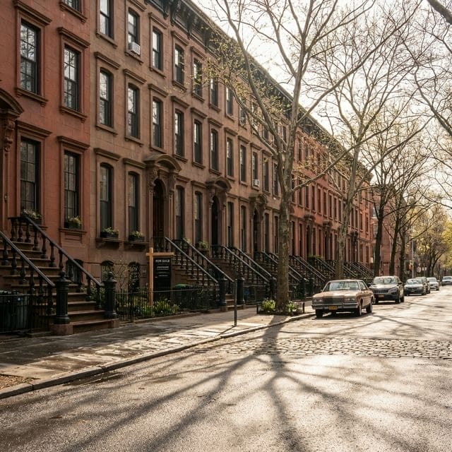 Brooklyn brownstone-lined street with a for sale sign and early spring light.