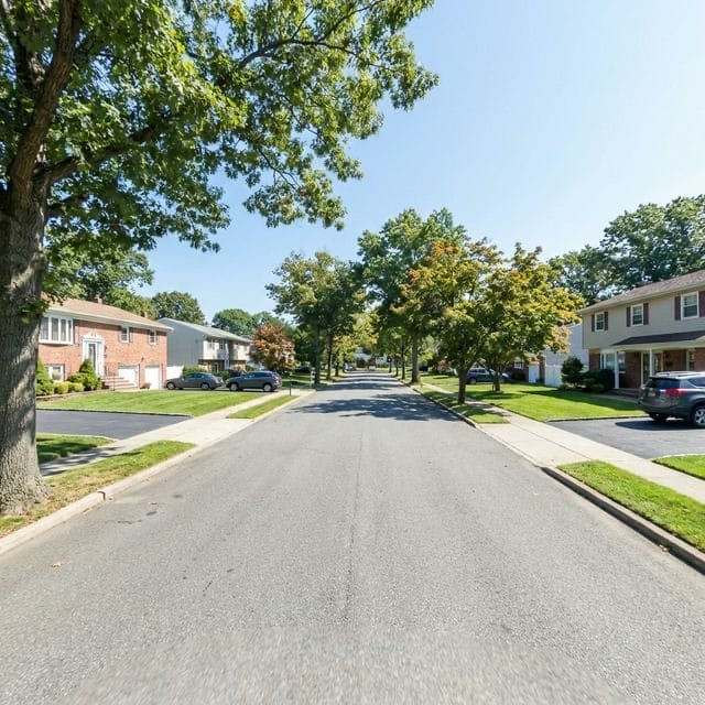Tree-lined residential street in Eltingville Staten Island with colonial-style homes.