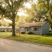 Suburban home with a For Sale As Is sign on the front lawn during golden hour.