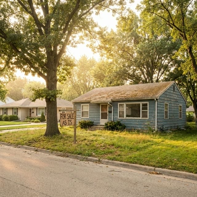 Suburban home with a For Sale As Is sign on the front lawn during golden hour.