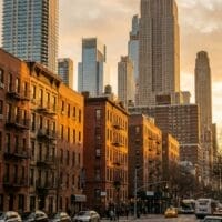 New York City skyline with affordable housing apartment buildings in the foreground.