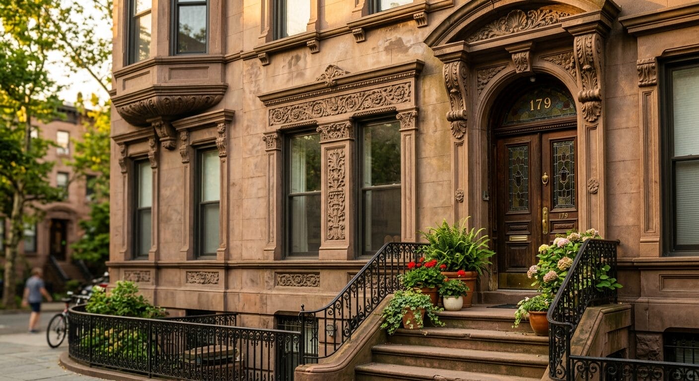 Classic brownstone architecture in Park Slope Brooklyn historic district