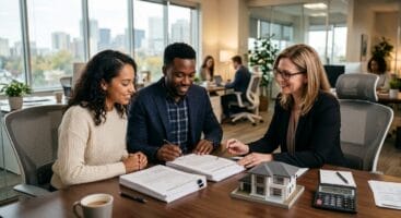 First-time buyers reviewing FHA loan documents with loan officer for NY NJ home purchase