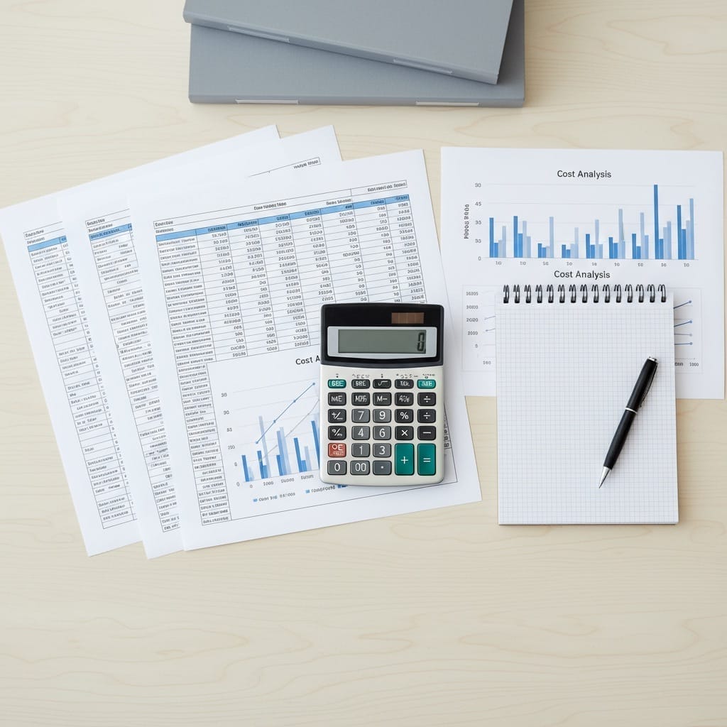 Professional financial planning workspace showing budget spreadsheets and charts for closing cost reduction strategies.