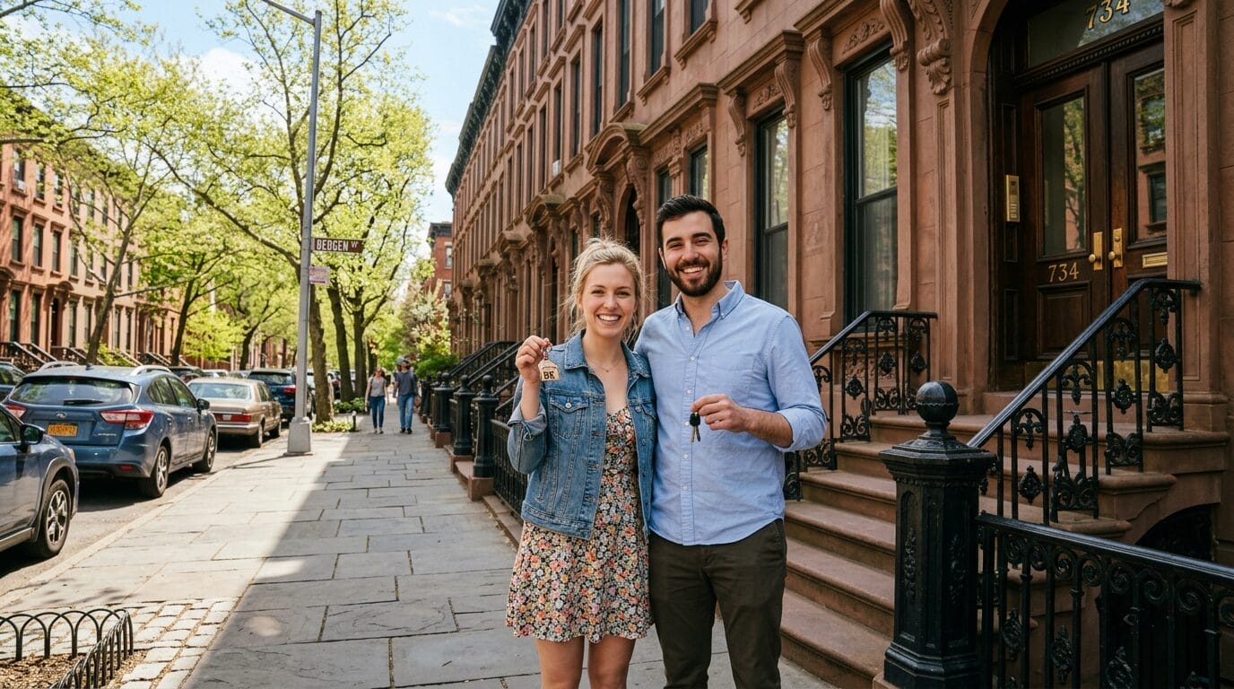 Couple holding keys in front of Brooklyn brownstone after buying their New York home.