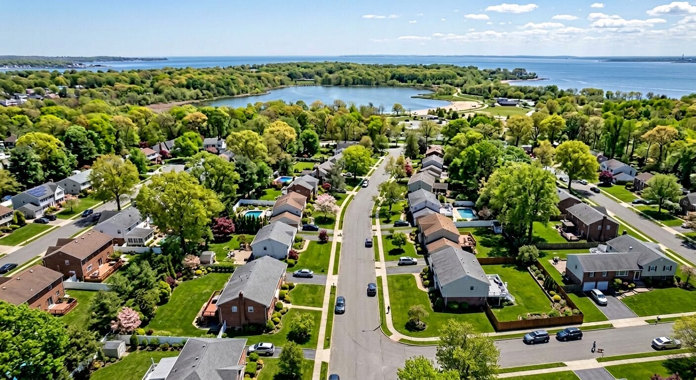 Aerial view of Huguenot Staten Island residential neighborhood with tree-lined streets.