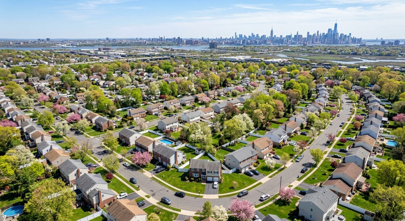 New Jersey suburban homes in spring with Manhattan skyline for NJ housing market report March 2026