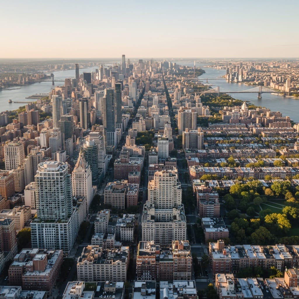 New York City skyline showcasing residential neighborhoods with Manhattan towers and Brooklyn brownstones representing the diverse housing market for selling a house in new york.