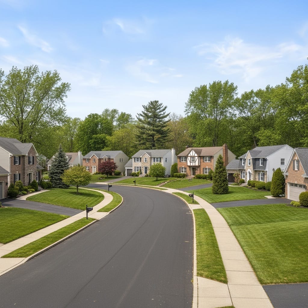 New Jersey suburban neighborhood showcasing diverse home styles representing typical real estate transactions with closing costs.