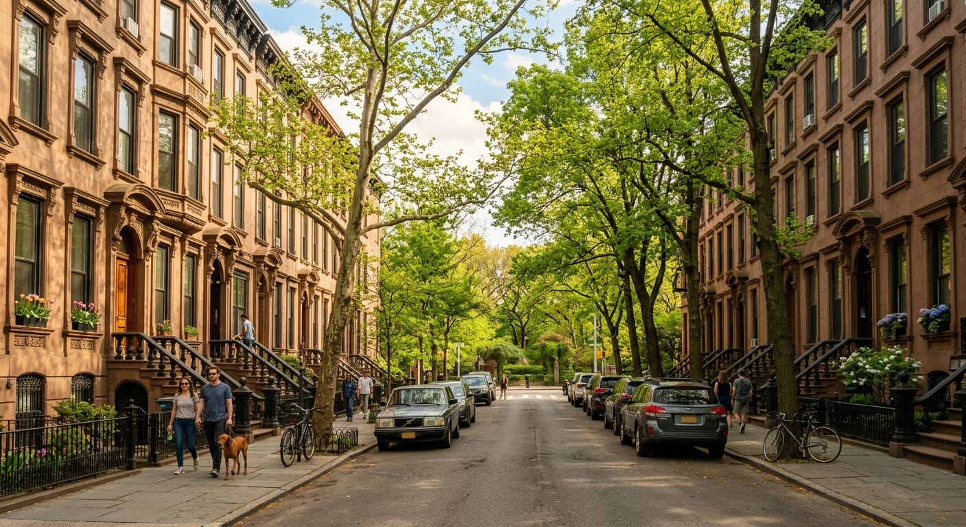 Park Slope Brooklyn brownstone street with tree-lined sidewalks near Prospect Park