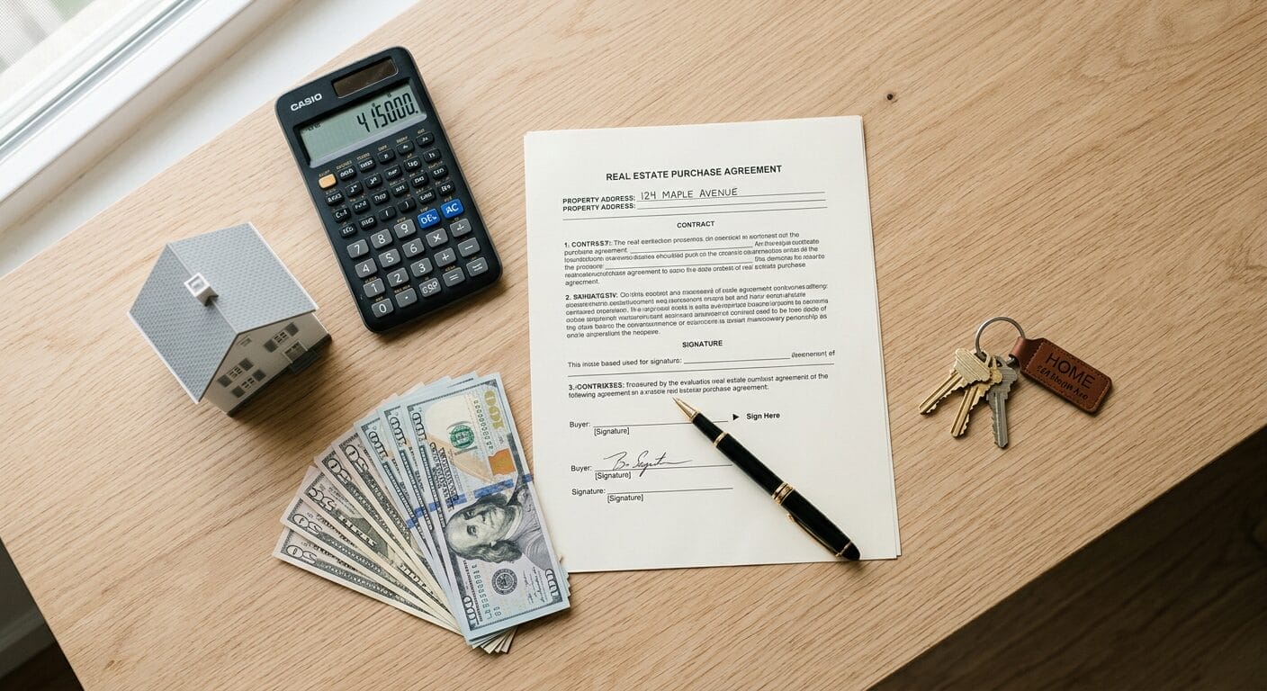 Real estate costs NY NJ closing table with calculator keys and contract