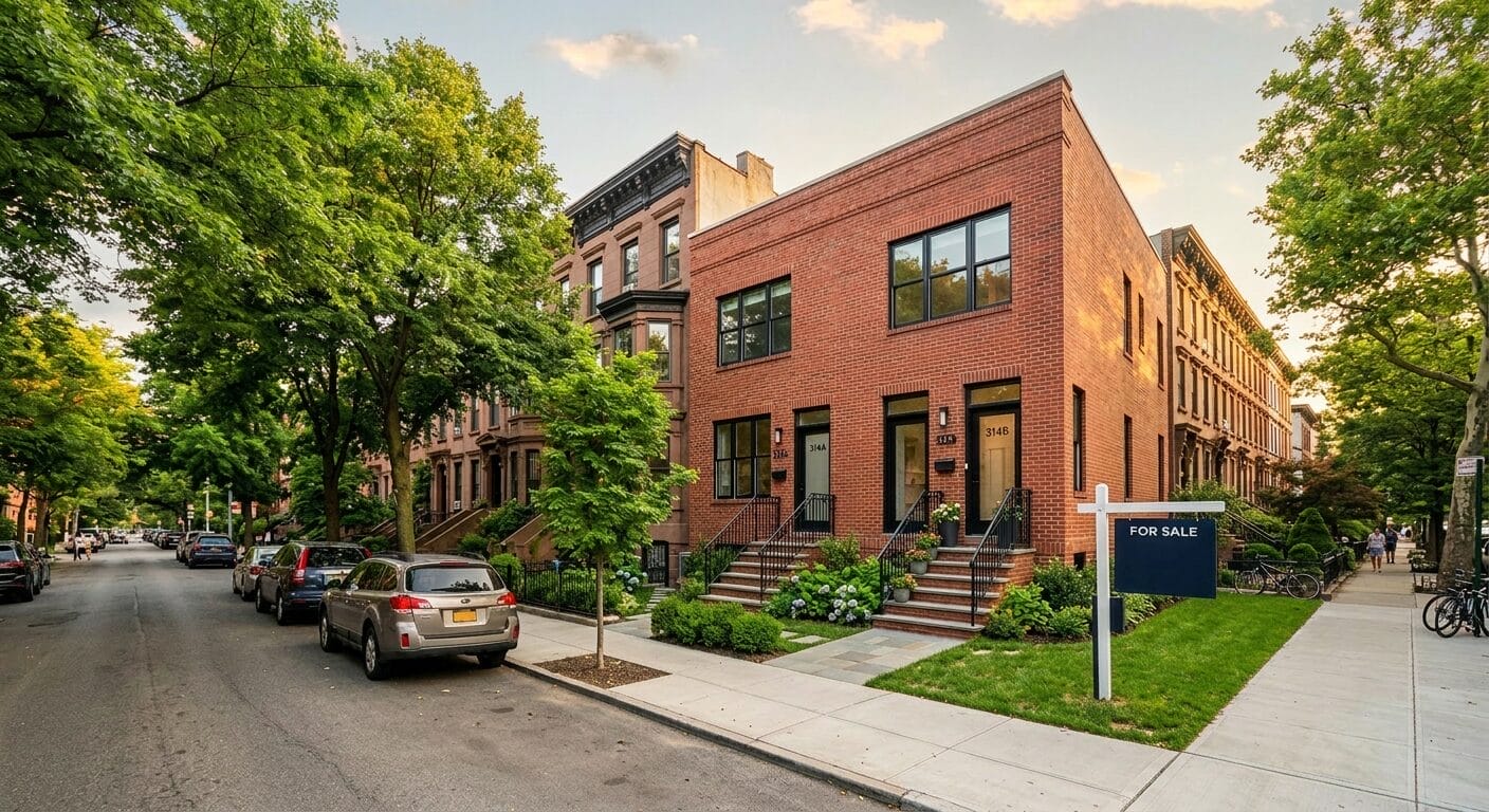 Real estate investing guide NY NJ two-family investment property on a tree-lined street.