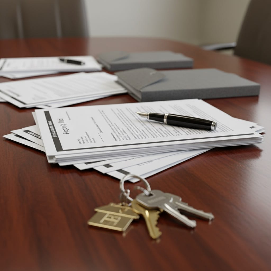 Professional real estate closing documents and house keys representing New Jersey seller closing cost transactions.
