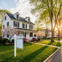Staged New Jersey home for sale on tree-lined suburban street in spring.