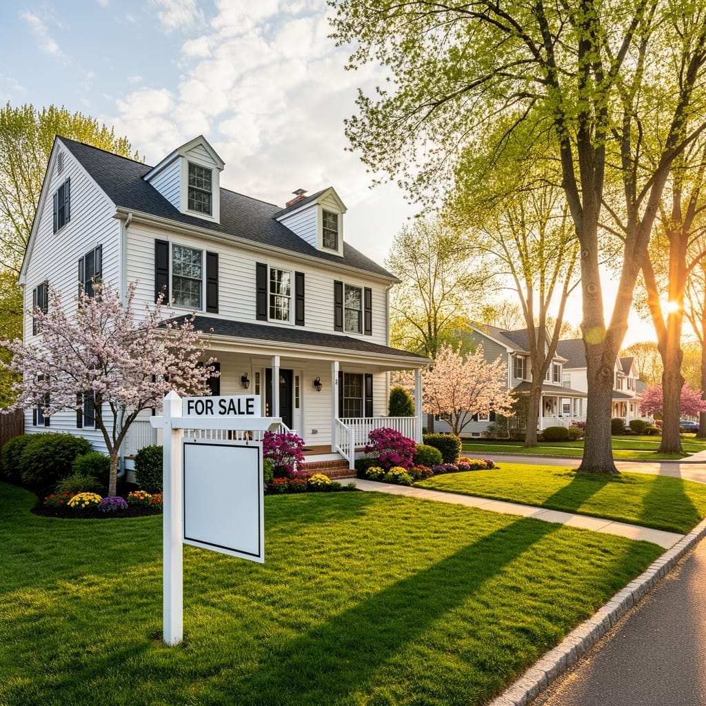 Staged New Jersey home for sale on tree-lined suburban street in spring.