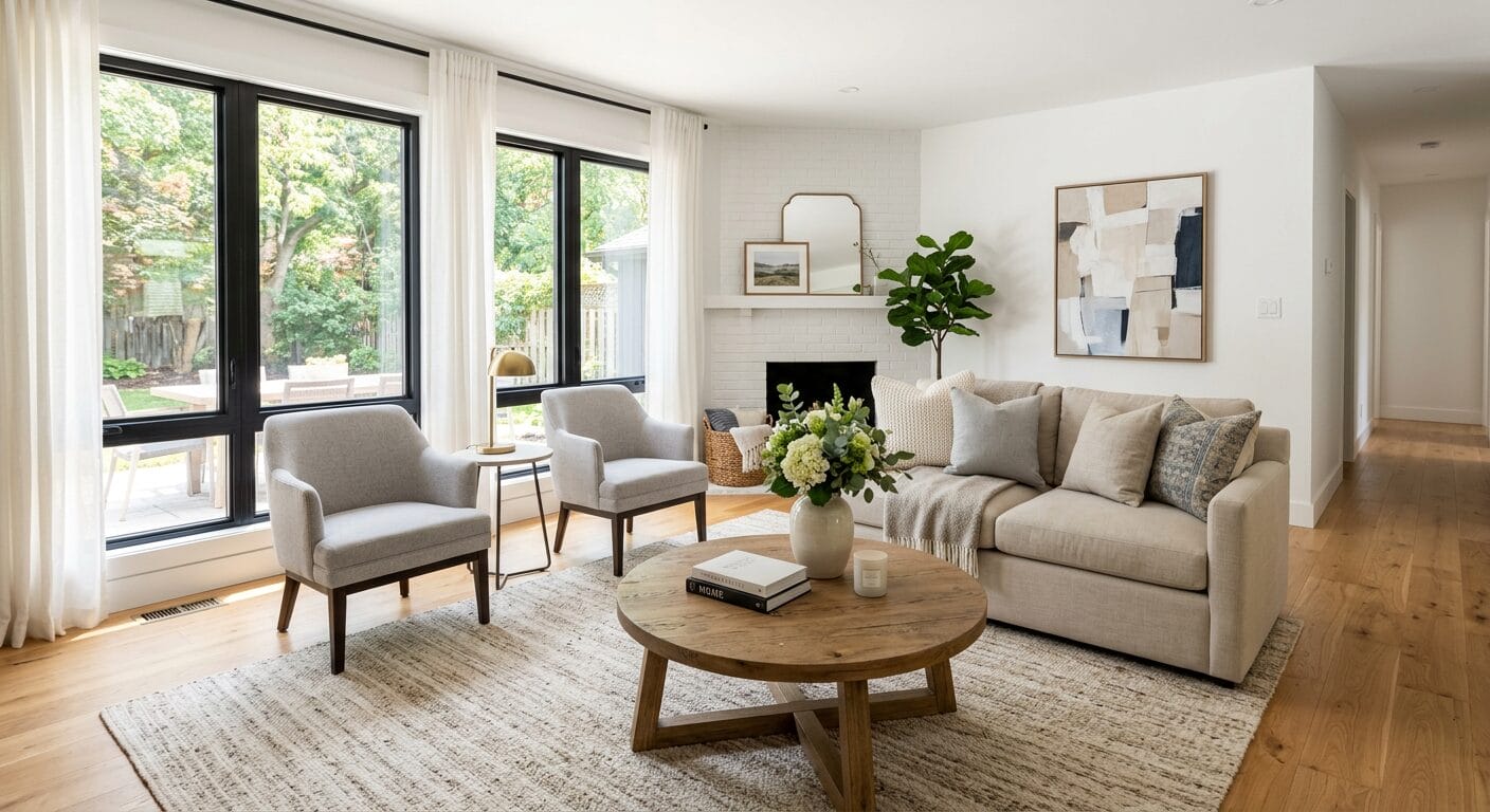 Neutral staging helps buyers picture their own furniture and life in the space