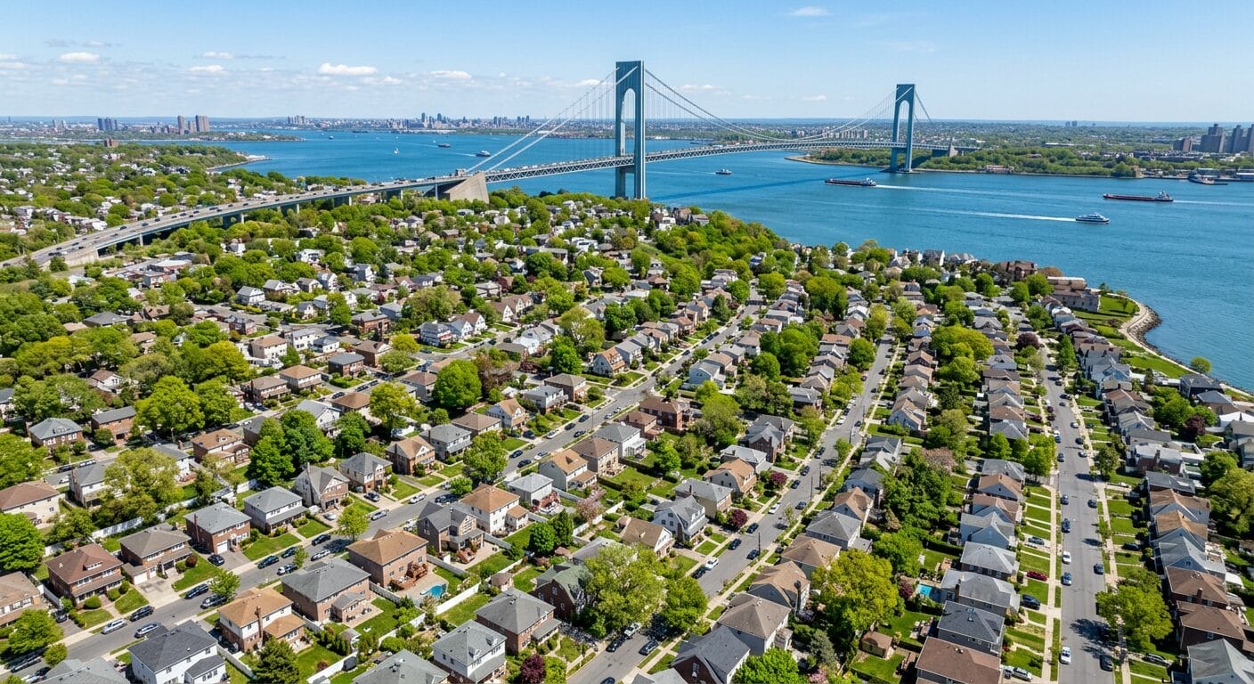 Aerial view of Staten Island homes and neighborhoods for March 2026 housing market report