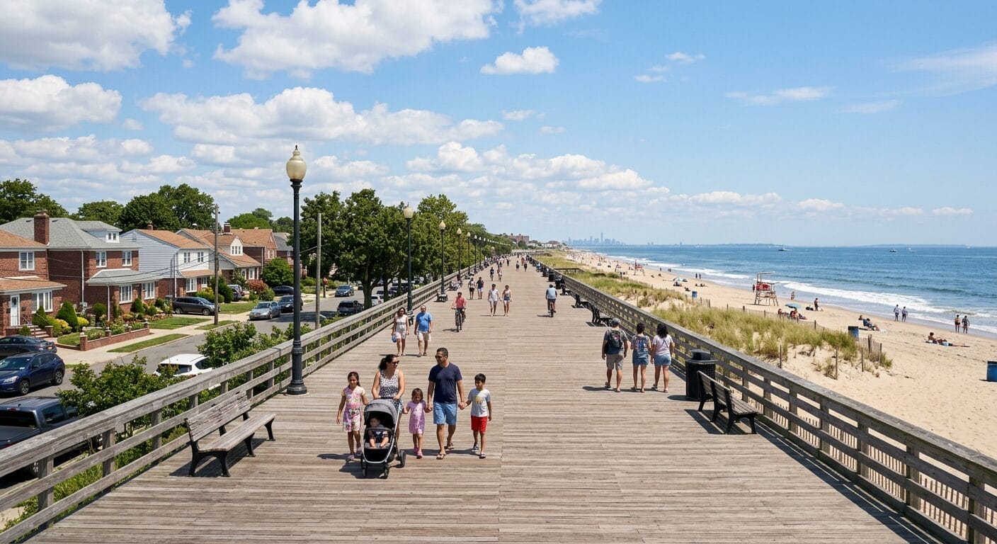 Midland Beach Staten Island FDR Boardwalk with ocean view and fishing pier