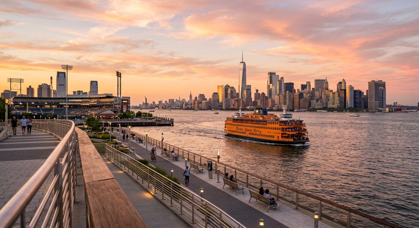 St. George Staten Island waterfront with Manhattan skyline view and Staten Island Ferry