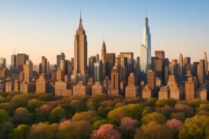 Manhattan real estate market spring 2026 skyline view from above with Central Park trees in spring bloom