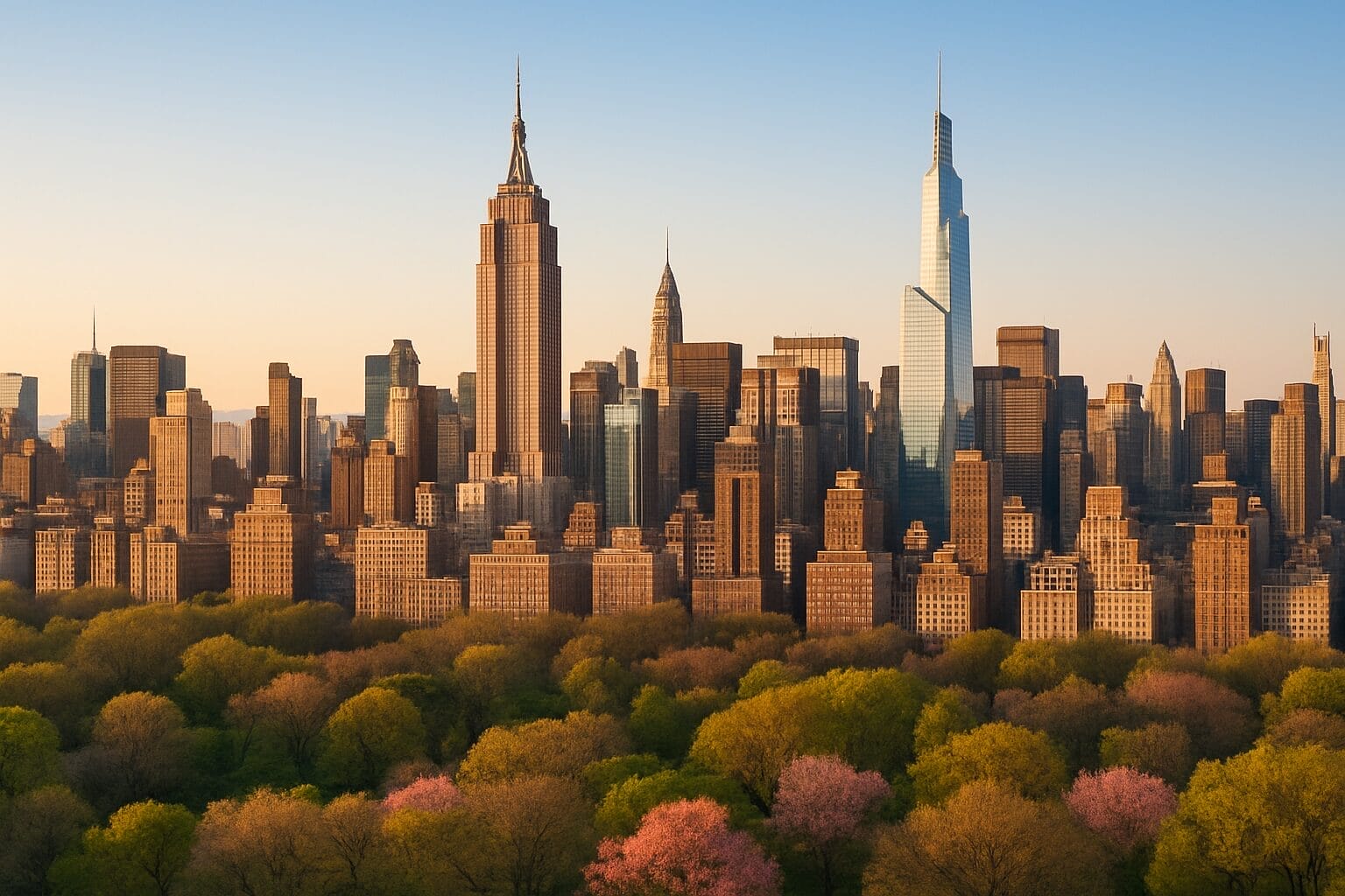 Manhattan real estate market spring 2026 skyline view from above with Central Park trees in spring bloom