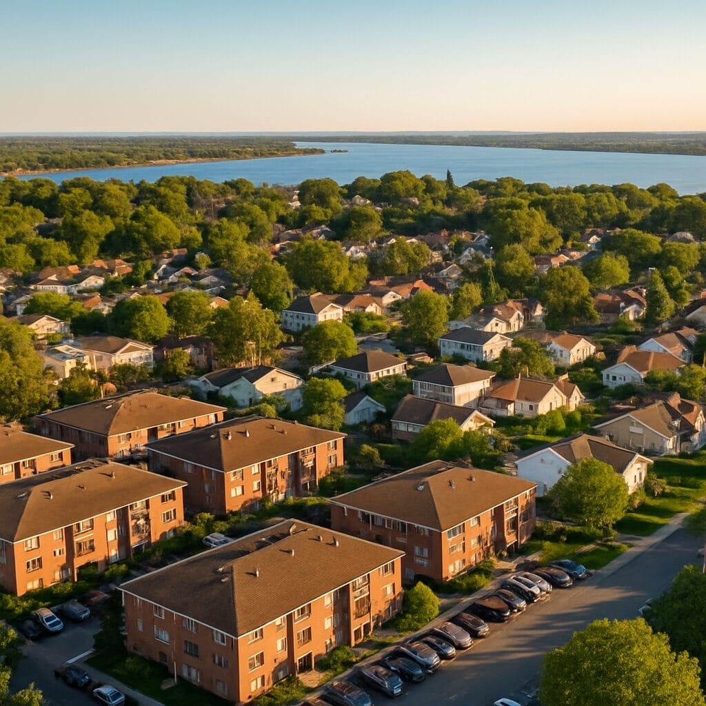 Aerial view of Rossville Staten Island residential neighborhood with Arthur Kill waterfront in distance