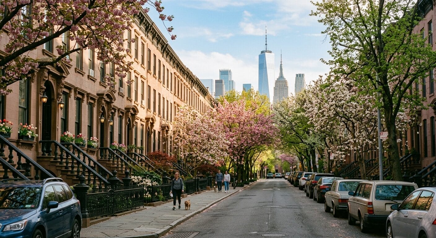 brooklyn real estate market spring 2026 brownstones with manhattan skyline view