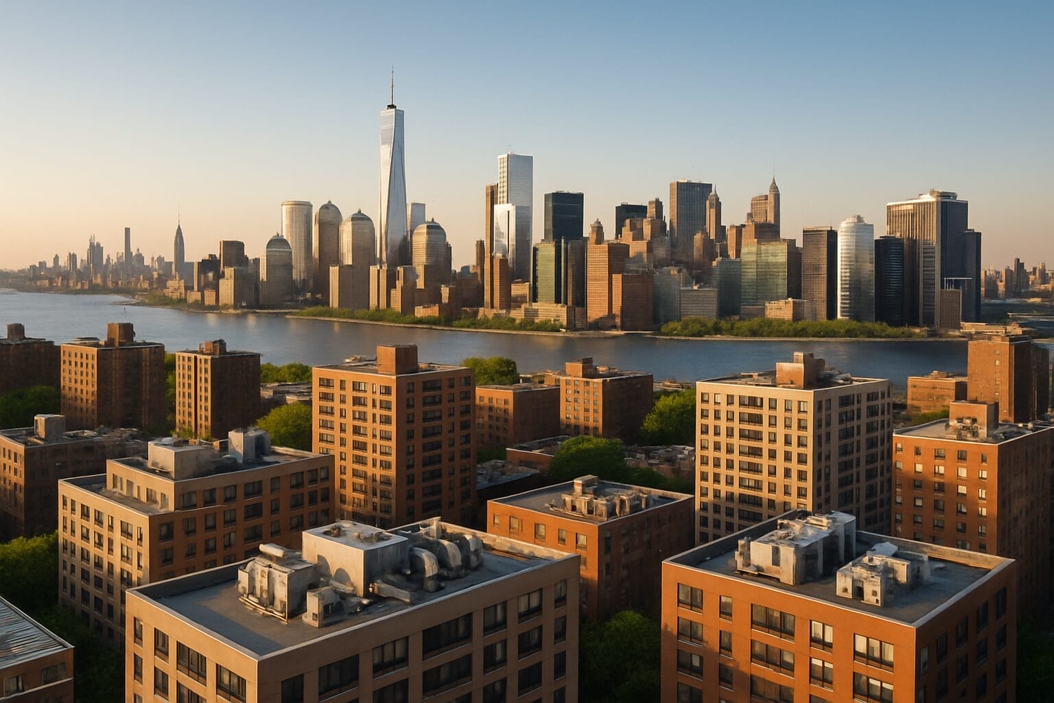 NYC Local Law 97 penalties 2026 first compliance year skyline of Manhattan and Brooklyn buildings affected by LL97 emissions law