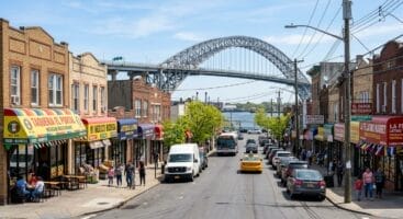 port richmond staten island avenue with bayonne bridge and latino storefronts