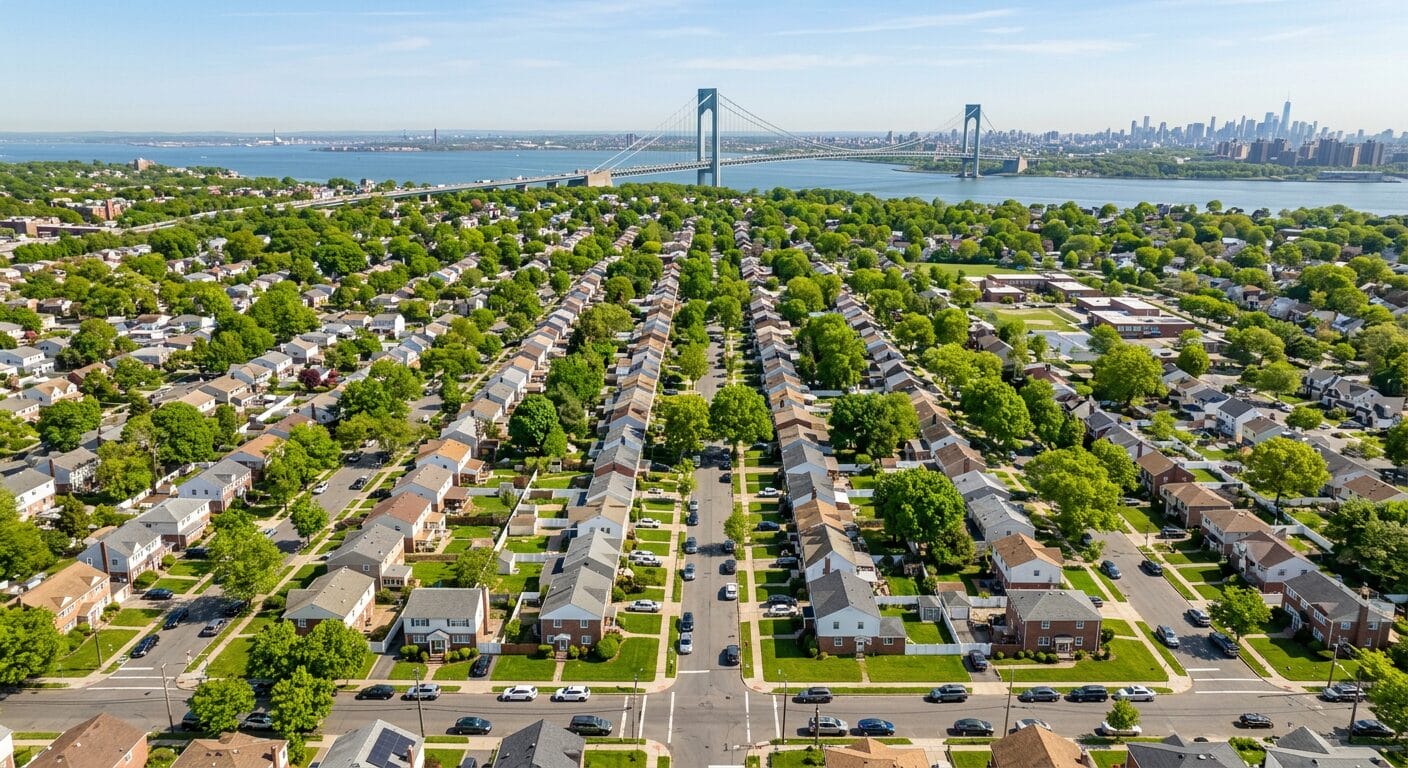 staten island housing market april 2026 aerial view of suburban homes with verrazzano bridge