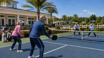 Active adult residents playing pickleball outside the clubhouse at a 55 plus community in NJ