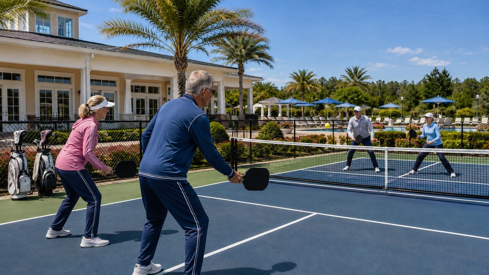 Active adult residents playing pickleball outside the clubhouse at a 55 plus community in NJ