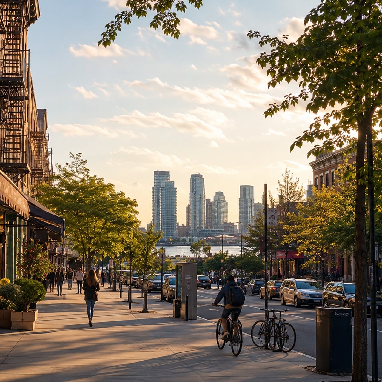 Greenpoint Brooklyn Manhattan Avenue with Greenpoint Landing condo towers in the distance