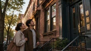 House hacking in NYC and NJ: couple on a Brooklyn brownstone 3-family stoop